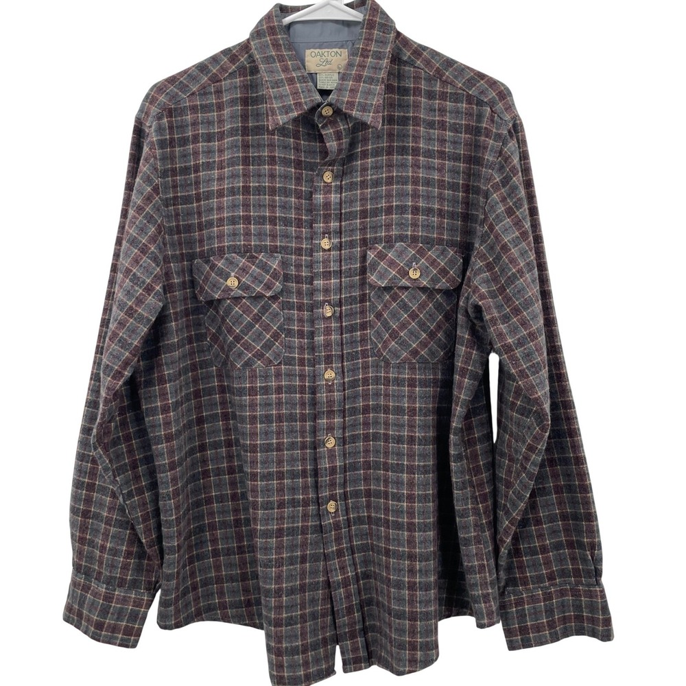 Oakton Ltd Mens Vtg. Plaid Flannel Shirt Sz. L Grey Burgundy Button Up Cozy
